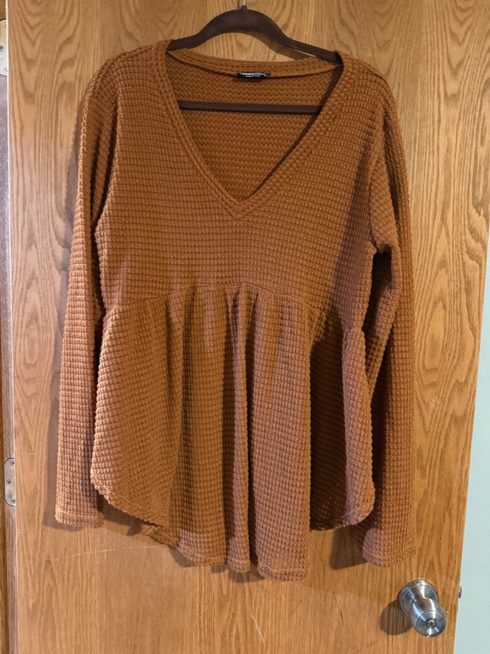 HEIMISH USA Waffle Knit V-Neck Peplum Top - Rust Brown